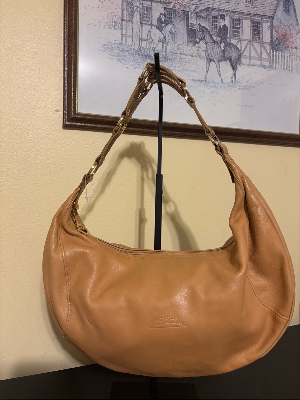 Longchamp Tan Leather Shoulder Bag with Gold-Tone Chain